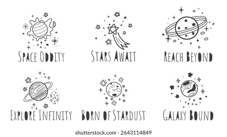 Set of simple illustrations with space-themed lettering. Comets, stars, planets, stardust and cute sayings, vector elements. Print for t-shirt, book, postcard and more