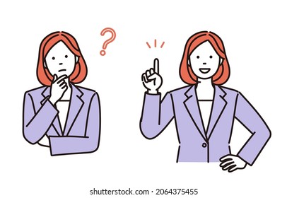 A set of simple illustrations of a thinking or smiling businesswoman giving an explanation.Vector data for easy editing.