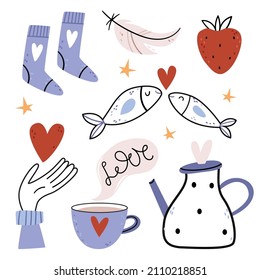 Conjunto de ilustraciones simples para el Día de San Valentín. Tetera y taza, calcetines azules, pescado enamorado, fresa, plumas