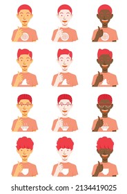 A set of simple illustrations without main lines of a man wearing a T-shirt with thumbs up