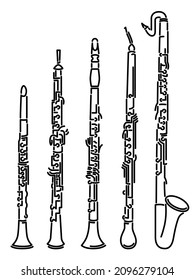 Set of simple images different types of woodwind instrument (clarinets, oboe and horn) drawn by lines.