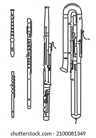 Set of simple images different types of woodwind instrument (bassoon, flute, bass bassoon, block flute) drawn by lines.