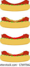 Set of simple images of hot dogs with ketchup and mustard and salad