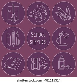 Set of simple images of school supplies white contours. Vector illustration