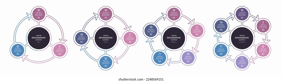 Set of simple infographic circles with 3, 4, 5, 6 steps. Collection of vector circular templates, process charts, cycle diagrams.
