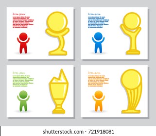 Set of simple infographics from stylized figure of man and gold trophy cup. For presentation design, annual report. Results of competitions, awarding of winners, prizes of participants