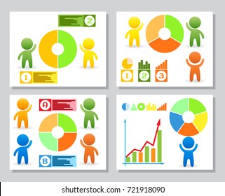 Set of simple infographics from stylized figure of people man and pie charts, graphs. For presentation design, annual report on financial theme. Colorful elements for infographics. Vector illustration