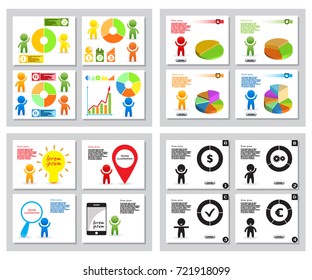 Set of simple infographics from stylized figure of people man and pie charts, graphs. For presentation design, annual report on financial theme. Colorful elements for infographics. Vector illustration