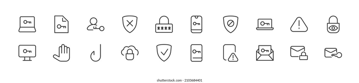 Set of simple internet security line icons. Outline stroke object. Linear signs pack. Perfect for web apps and mobile.