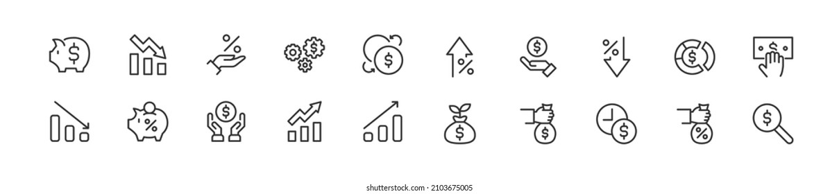 Set of simple investment line icons. Outline stroke object. Linear signs pack. Perfect for web apps and mobile.