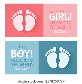 Set of simple invitation cards or flyers for a baby shower, birthday, or gender reveal party. It's a Boy. It's a Girl. Isolated horizontal templates with footprints and text on background. Vector.