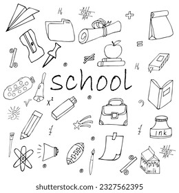 A set of simple isolated contour black doodles on the theme of the school on a white background. Vector illustration.