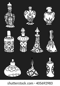 Set of simple isolated zentangle perfume bottles. Vector illustration