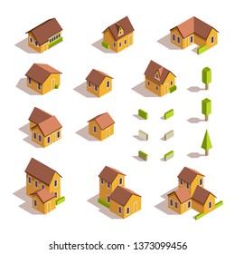 Set of simple isometric city  house tree fence and road isolate on white background ,vector illustration.