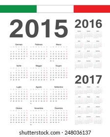 Set of simple Italian 2015, 2016, 2017 year vector calendars. Week starts from Mondays.