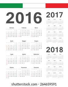 Set of simple Italian 2016, 2017, 2018 year vector calendars. Week starts from Sunday.