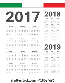 Set of simple Italian 2017, 2018, 2019 year vector calendars. Week starts from Sunday.