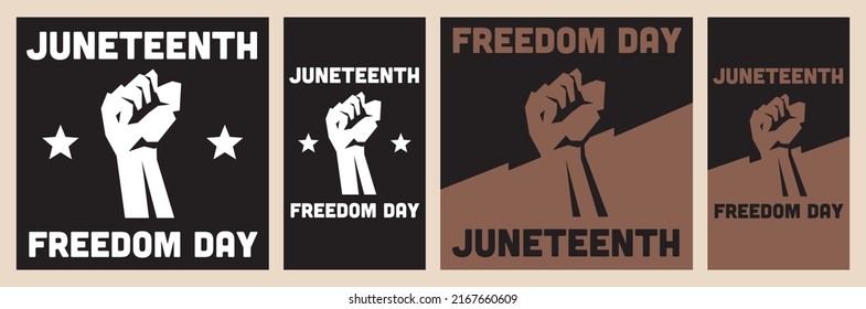 Set of Simple Juneteenth Banners for Social Media, Square and Vertical Format. Raised Fist Flat Design Illustration.
