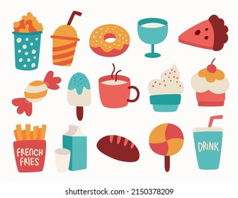 A Set of Simple Junk Food Illustrations. Fast Food Restaurant Menu.