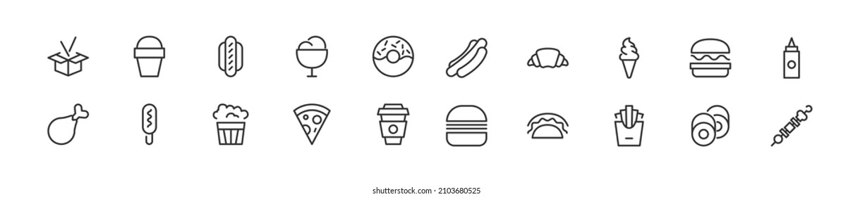 Set of simple junk food line icons. Outline stroke object. Linear signs pack. Perfect for web apps and mobile.