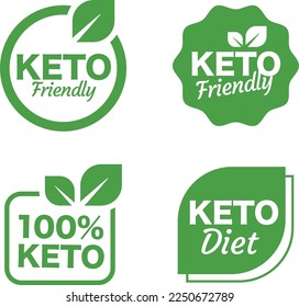 Conjunto de iconos o logos simples de keto. Keto amigable. 100% apuesto. Etiqueta del producto alimenticio vegano. dieta cetogénica. Vegetariano. Hojas verdes. Iconos, logos, insignias o sellos.