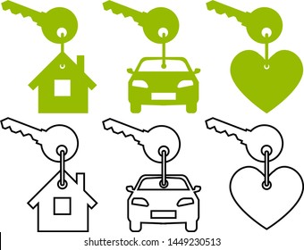 Set of simple key vector icons. Car key, house key, heart key