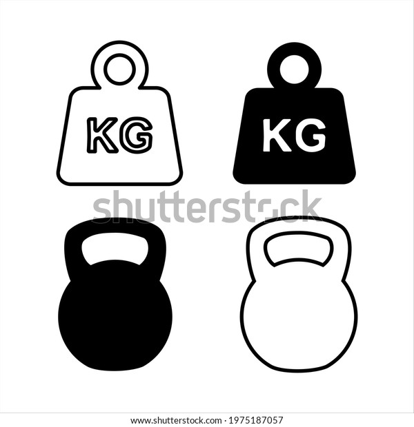 Set of Simple KG weight silhouette icon\
and Kettlebell icon isolated on white\
background.