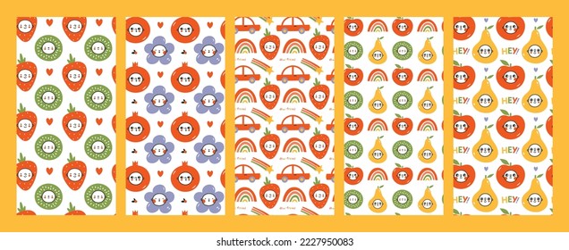 Set of simple kids seamless patterns with cute baby faces, kawaii fruits, rainbow, car, flower in doodle style. Flat hand drawn background for wrapping paper, children merch, baby shower, textile.