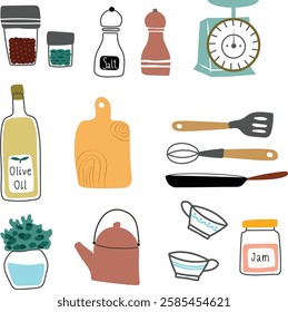 Set of simple kitchen elements. Cute cozy kitchen set can be used for icons, stickers, planner.