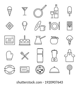 Set of Simple kitchen, food nad drink icons in trendy line style isolated on white background for web apps and mobile concept. Vector Illustration