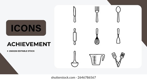 Conjunto de ícones simples utensílios de cozinha, perfeito para cozinhar sites ou aplicativos de receitas. Isolado em gráficos vetoriais brancos e de fácil edição.  Ótimo para designs culinários.