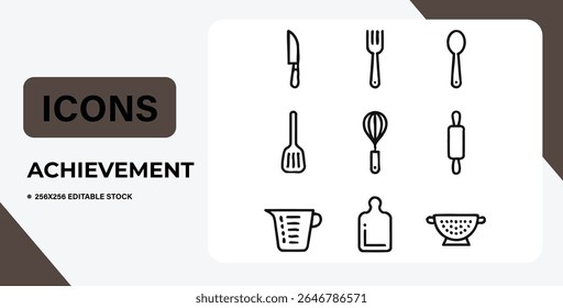 Conjunto de ícones simples utensílios de cozinha, perfeito para cozinhar sites ou aplicativos de receitas. Isolado em gráficos vetoriais brancos e de fácil edição.  Ótimo para designs culinários.