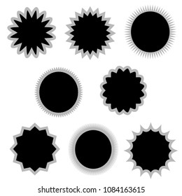 Set of simple labels, stickers, badges with starburst, sunburst effect. Isolated on white background.