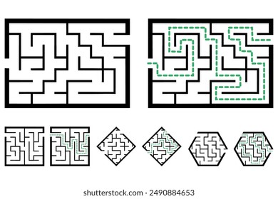 Set of simple labyrinths, mazes conundrums for kids. Baby puzzles with entry and exit. Children riddle games.