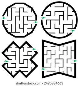 Set of simple labyrinths, mazes conundrums for kids. Baby puzzles with entry and exit. Children riddle games.