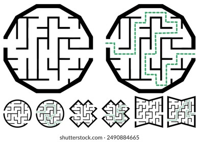 Set of simple labyrinths, mazes conundrums for kids. Baby puzzles with entry and exit. Children riddle games.