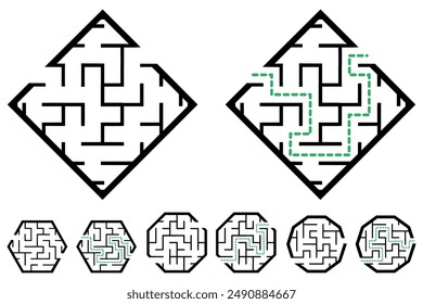 Set of simple labyrinths, mazes conundrums for kids. Baby puzzles with entry and exit. Children riddle games.