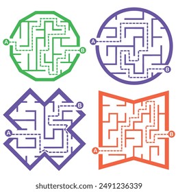 Set of simple labyrinths, mazes conundrums for kids. Baby puzzles with entry and exit. Children riddle games.