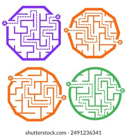 Set of simple labyrinths, mazes conundrums for kids. Baby puzzles with entry and exit. Children riddle games.