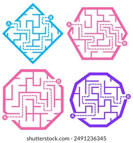 Set of simple labyrinths, mazes conundrums for kids. Baby puzzles with entry and exit. Children riddle games.