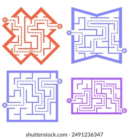 Set of simple labyrinths, mazes conundrums for kids. Baby puzzles with entry and exit. Children riddle games.