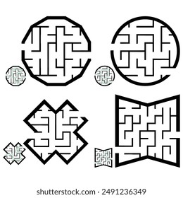 Set of simple labyrinths, mazes conundrums for kids. Baby puzzles with entry and exit. Children riddle games.