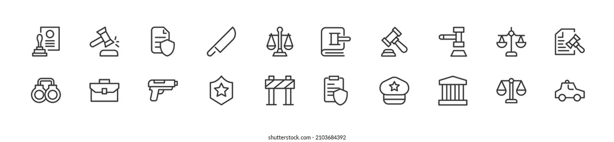 Set of simple law line icons. Outline stroke object. Linear signs pack. Perfect for web apps and mobile.