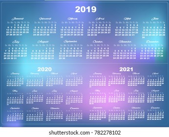 Set Simple layout of white Calendar temples for 2019, 2020, 2021 with big numbers on mesh blue and purple gradient background