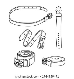 set of simple leather belts with metal buckles, pet collars, vector illustration with black ink contour lines isolated on a white background in doodle and hand drawn style