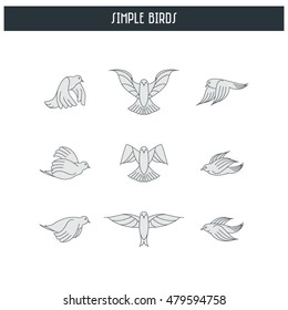 Set of The Simple Line Art Bird Icons. All elements are separated. Vector, editable