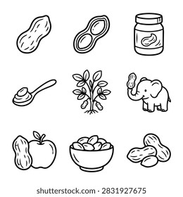 A set of simple line art drawings featuring peanuts, peanut butter, and related items like an elephant and an apple.