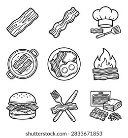 A set of simple line art drawings depicting various bacon preparations, a burger, and cooking utensils.