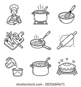 A set of simple line art drawings depicting various cooking and baking elements and activities.