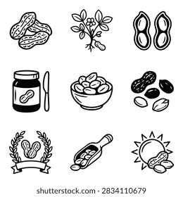A set of simple line art drawings depicting peanuts, peanut butter, and related items in various forms.